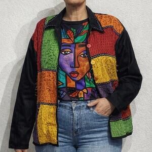 Island Scene Black Multicolor Patchwork Textured Art To Wear Jacket Sz XL